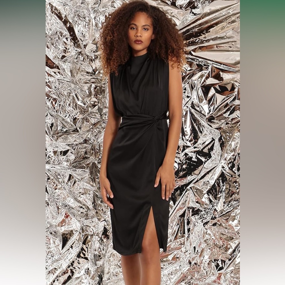 Sz 6 Donna Morgan black womans mock neck twist waist Charmeuse dress NWT. 🐸